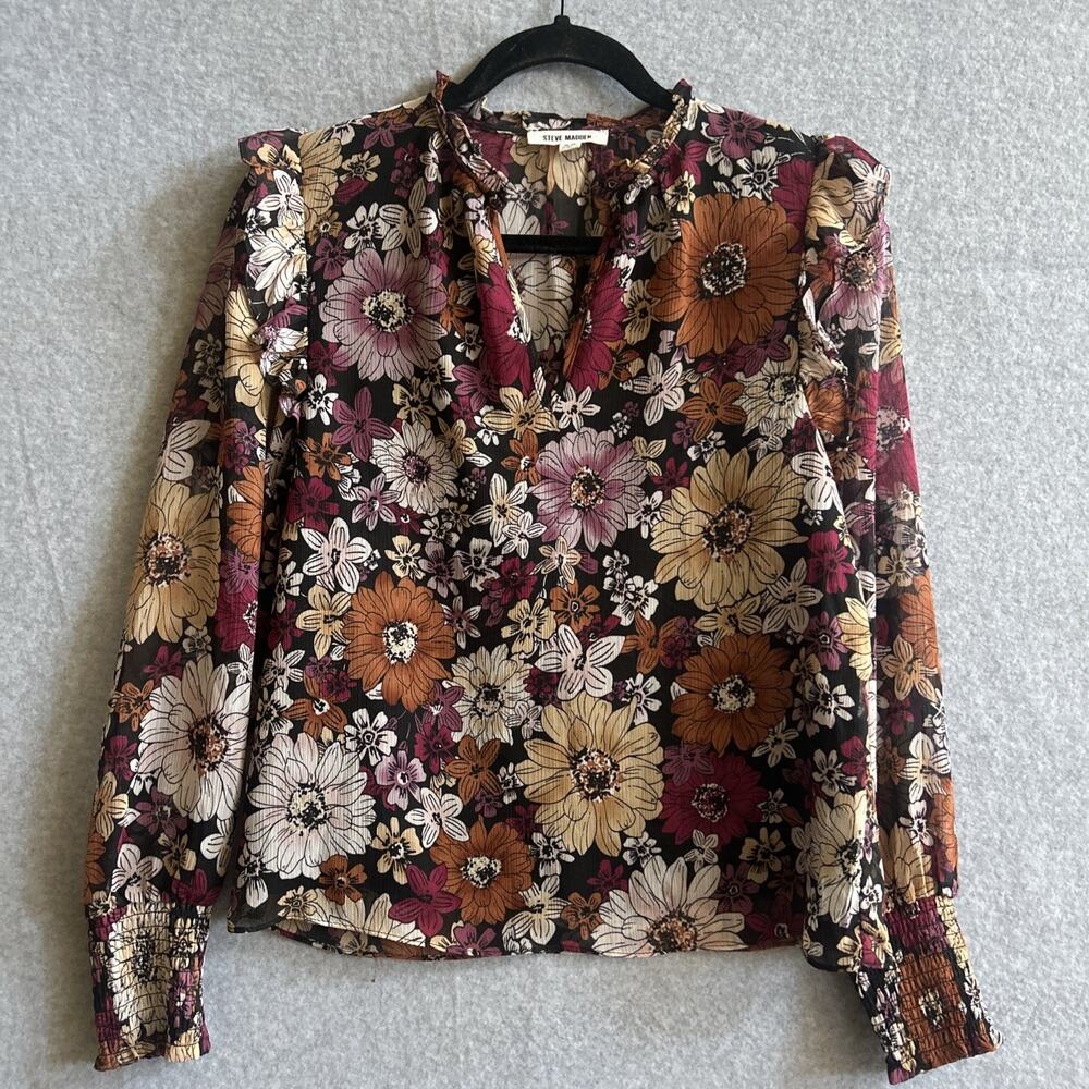 Steve Madden Fall Floral Ruffled Blouse Sheer Lined Smocked Cuffs Longsleeve XS - Picture 2 of 7